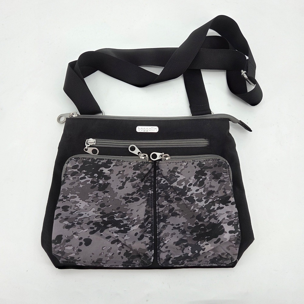 Baggallini Black Nylon Camo Crossbody Bag Multi Pocket Travel Messenger Purse